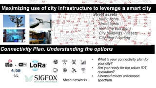 Mesh networks
5G
Connectivity Plan. Understanding the options
• What ‘s your connectivity plan for
your city?
• Are you ready for the urban IOT
revolution?
• Licensed meets unlicensed
spectrum
Street assets
• traffic lights
• street lights
• real time bus signs
• City buildings / assets
• City fiber / ducting
Maximizing use of city infrastructure to leverage a smart city
 