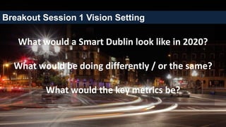 What would a Smart Dublin look like in 2020?
What would be doing differently / or the same?
What would the key metrics be?
Breakout Session 1 Vision Setting
 