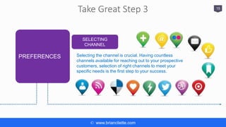 © www.briancliette.com
Take Great Step 3 15
SELECTING
CHANNEL
Selecting the channel is crucial. Having countless
channels available for reaching out to your prospective
customers, selection of right channels to meet your
specific needs is the first step to your success.
PREFERENCES
 