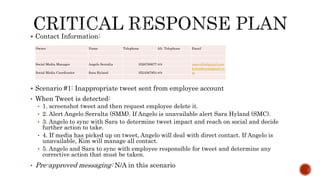  Contact Information:
 Scenario #1: Inappropriate tweet sent from employee account
• When Tweet is detected:
• 1. screenshot tweet and then request employee delete it.
• 2. Alert Angelo Serralta (SMM). If Angelo is unavailable alert Sara Hyland (SMC).
• 3. Angelo to sync with Sara to determine tweet impact and reach on social and decide
further action to take.
• 4. If media has picked up on tweet, Angelo will deal with direct contact. If Angelo is
unavailable, Kim will manage all contact.
• 5. Angelo and Sara to sync with employee responsible for tweet and determine any
corrective action that must be taken.
• Pre-approved messaging: N/A in this scenario
Owner Name Telephone Alt. Telephone Email
Social Media Manager Angelo Serralta 3526789677 n/a aserralta@gmail.com
Social Media Coordinator Sara Hyland 3524367854 n/a
hylandsara@gmail.co
m
 