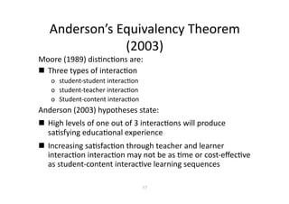 Anderson’s Equivalency Theorem 
               (2003) 
Moore (1989) disAncAons are:  
  Three types of interacAon 
   o  student‐student interacAon 
   o  student‐teacher interacAon  
   o  Student‐content interacAon 
Anderson (2003) hypotheses state: 
  High levels of one out of 3 interacAons will produce 
   saAsfying educaAonal experience 
  Increasing saAsfacAon through teacher and learner 
   interacAon interacAon may not be as Ame or cost‐eﬀecAve 
   as student‐content interacAve learning sequences 

                                     17
 