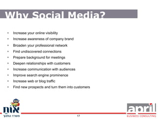 Why Social Media?
   Increase your online visibility
   Increase awareness of company brand
   Broaden your professional network
   Find undiscovered connections
   Prepare background for meetings
   Deepen relationships with customers
   Increase communication with audiences
   Improve search engine prominence
   Increase web or blog traffic
   Find new prospects and turn them into customers




                                            17
 