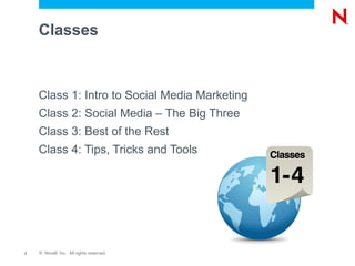 Classes



    Class 1: Intro to Social Media Marketing
    Class 2: Social Media – The Big Three
    Class 3: Best of the Rest
    Class 4: Tips, Tricks and Tools




3   © Novell, Inc. All rights reserved.
 