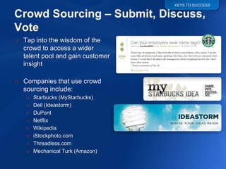 KEYS TO SUCCESS




o Tap into the wisdom of the
  crowd to access a wider
  talent pool and gain customer
  insight

o Companies that use crowd
  sourcing include:
   o   Starbucks (MyStarbucks)
   o   Dell (Ideastorm)
   o   DuPont
   o   Netflix
   o   Wikipedia
   o   iStockphoto.com
   o   Threadless.com
   o   Mechanical Turk (Amazon)
 