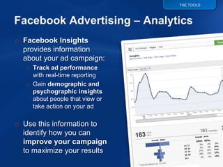 THE TOOLS




o Facebook Insights
  provides information
  about your ad campaign:
   o Track ad performance
     with real-time reporting
   o Gain demographic and
     psychographic insights
     about people that view or
     take action on your ad

o Use this information to
  identify how you can
  improve your campaign
  to maximize your results
 