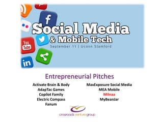 Entrepreneurial Pitches 
Activate Brain & Body 
AdapTac Games 
Copilot Family 
Electric Compass 
Fanum 
MaxExposure Social Media 
MEA Mobile 
Milnaa 
MyBeanJar 
 