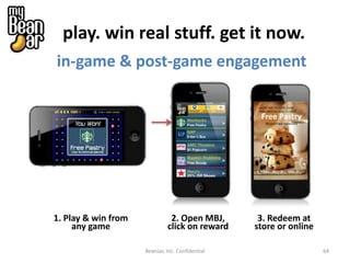 play. win real stuff. get it now. 
in-game & post-game engagement 
SHOW THIS TO STORE CLERK 
REDEEMED 04/16/12 11:12PST 
Free Pastry 
No purchase necessary 
BeanJar, Inc. Confidential 64 
1. Play & win from 
any game 
2. Open MBJ, 
click on reward 
3. Redeem at 
store or online 
. 
 