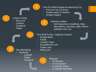 2

Find Out What People Are Searching For
-  Find your top 3-5 terms
-  People search (LinkedIn)
-  Google Insights

Create Profiles
-  About.me
-  LinkedIn
-  Facebook
-  Twitter

1

3

4

5

Say Something
-  Hootsuite
-  LinkedIn
-  Twitter
-  Facebook

Optimize profiles
-  Add keywords to headlines, titles,
descriptions, summary, skills, links to
websites, bios, etc.

Find Stuff To Say / Organize Content
-  Google Alerts
-  Feedly
-  LinkedIn Pulse
-  SocialMention.com
-  Twitter Lists
-  AllTop.com

6

Measure
-  # Followers
-  # Connections
-  # LinkedIn Views
-  # LinkedIn Searches

 