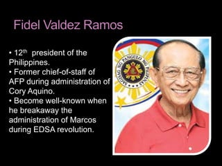 • 12th president of the 
Philippines. 
• Former chief-of-staff of 
AFP during administration of 
Cory Aquino. 
• Become well-known when 
he breakaway the 
administration of Marcos 
during EDSA revolution. 
 