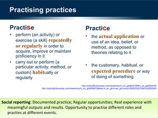 Practising practices Practi s e perform (an activity) or exercise (a skill)  repeatedly or regularly  in order to acquire, improve or maintain proficiency in it carry out or perform (a particular activity, method, or custom)  habit ually or regularly Practi c e the  actual application  or use of an idea, belief, or method, as opposed to theories relating to it the customary, habitual, or  expected procedure  or way of doing of something http://oxforddictionaries.com/view/entry/m_en_gb0654700#m_en_gb0654700 http://oxforddictionaries.com/view/entry/m_en_gb0654670#dws-m_en_gb-m-en_gb-msdict-00002%E2%80%93050935 Social reporting : Documented practice; Regular opportunities; Real experience with meaningful outputs and results. Opportunity to practise different roles and practies at different events.  