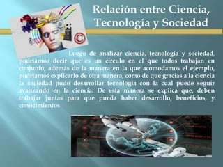 Luego de analizar ciencia, tecnología y sociedad,
podríamos decir que es un circulo en el que todos trabajan en
conjunto, además de la manera en la que acomodamos el ejemplo,
podríamos explicarlo de otra manera, como de que gracias a la ciencia
la sociedad pudo desarrollar tecnología con la cual puede seguir
avanzando en la ciencia. De esta manera se explica que, deben
trabajar juntas para que pueda haber desarrollo, beneficios, y
conocimientos
Relación entre Ciencia,
Tecnología y Sociedad
 