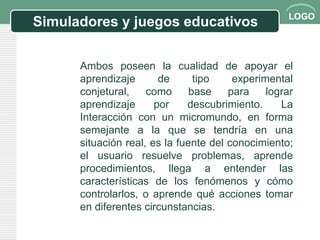 LOGO
Simuladores y juegos educativos


      Ambos poseen la cualidad de apoyar el
      aprendizaje       de      tipo    experimental
      conjetural,    como      base    para    lograr
      aprendizaje      por    descubrimiento.     La
      Interacción con un micromundo, en forma
      semejante a la que se tendría en una
      situación real, es la fuente del conocimiento;
      el usuario resuelve problemas, aprende
      procedimientos, llega a entender las
      características de los fenómenos y cómo
      controlarlos, o aprende qué acciones tomar
      en diferentes circunstancias.
 