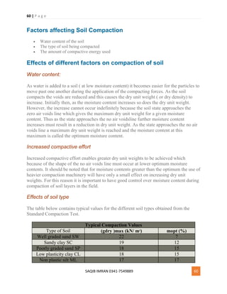 60 | P a g e
SAQIB IMRAN 0341-7549889 60
Factors affecting Soil Compaction
 Water content of the soil
 The type of soil being compacted
 The amount of compactive energy used
Effects of different factors on compaction of soil
Water content:
As water is added to a soil ( at low moisture content) it becomes easier for the particles to
move past one another during the application of the compacting forces. As the soil
compacts the voids are reduced and this causes the dry unit weight ( or dry density) to
increase. Initially then, as the moisture content increases so does the dry unit weight.
However, the increase cannot occur indefinitely because the soil state approaches the
zero air voids line which gives the maximum dry unit weight for a given moisture
content. Thus as the state approaches the no air voidsline further moisture content
increases must result in a reduction in dry unit weight. As the state approaches the no air
voids line a maximum dry unit weight is reached and the moisture content at this
maximum is called the optimum moisture content.
Increased compactive effort
Increased compactive effort enables greater dry unit weights to be achieved which
because of the shape of the no air voids line must occur at lower optimum moisture
contents. It should be noted that for moisture contents greater than the optimum the use of
heavier compaction machinery will have only a small effect on increasing dry unit
weights. For this reason it is important to have good control over moisture content during
compaction of soil layers in the field.
Effects of soil type
The table below contains typical values for the different soil types obtained from the
Standard Compaction Test.
Typical Compaction Values
Type of Soil (gdry )max (kN/ m3
) mopt (%)
Well graded sand SW 22 7
Sandy clay SC 19 12
Poorly graded sand SP 18 15
Low plasticity clay CL 18 15
Non plastic silt ML 17 17
 