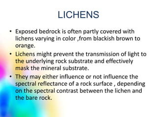 LICHENS
• Exposed bedrock is often partly covered with
lichens varying in color ,from blackish brown to
orange.
• Lichens might prevent the transmission of light to
the underlying rock substrate and effectively
mask the mineral substrate.
• They may either influence or not influence the
spectral reflectance of a rock surface , depending
on the spectral contrast between the lichen and
the bare rock.
 