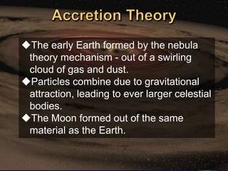 The early Earth formed by the nebula
 theory mechanism - out of a swirling
 cloud of gas and dust.
Particles combine due to gravitational
 attraction, leading to ever larger celestial
 bodies.
The Moon formed out of the same
 material as the Earth.
 