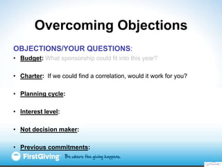 Overcoming Objections
OBJECTIONS/YOUR QUESTIONS:
• Budget: What sponsorship could fit into this year?

• Charter: If we could find a correlation, would it work for you?

• Planning cycle:

• Interest level:

• Not decision maker:

• Previous commitments:
 