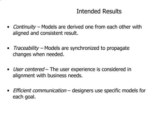 Intended Results Continuity –  Models are derived one from each other with aligned and consistent result. Traceability –  Models are synchronized to propagate changes when needed. User centered  – The user experience is considered in alignment with business needs. Efficient communication  – designers use specific models for each goal.  