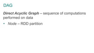 DAG
Direct Acyclic Graph – sequence of computations
performed on data
 Node – RDD partition
 