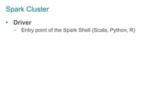 Spark Cluster
 Driver
– Entry point of the Spark Shell (Scala, Python, R)
 