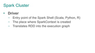 Spark Cluster
 Driver
– Entry point of the Spark Shell (Scala, Python, R)
– The place where SparkContext is created
– Translates RDD into the execution graph
 