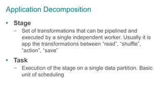 Application Decomposition
 Stage
– Set of transformations that can be pipelined and
executed by a single independent worker. Usually it is
app the transformations between “read”, “shuffle”,
“action”, “save”
 Task
– Execution of the stage on a single data partition. Basic
unit of scheduling
 