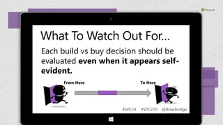 What To Watch Out For…
Each build vs buy decision should be
evaluated even when it appears selfevident.
From Here

To Here

#SPC14

#SPC270

@RHarbridge

 