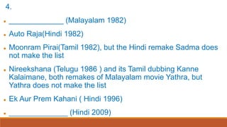 4.
 _____________ (Malayalam 1982)
 Auto Raja(Hindi 1982)
 Moonram Pirai(Tamil 1982), but the Hindi remake Sadma does
not make the list
 Nireekshana (Telugu 1986 ) and its Tamil dubbing Kanne
Kalaimane, both remakes of Malayalam movie Yathra, but
Yathra does not make the list
 Ek Aur Prem Kahani ( Hindi 1996)
 ______________ (Hindi 2009)
 