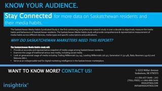 +1-306-657-5640 x 243
(TOLL FREE) +1-866-888-5640
INSIGHTRIX.COM
INFO@INSIGHTRIX.COM
WANT TO KNOW MORE? CONTACT US!
KNOW YOUR AUDIENCE.
Stay Connected for more data on Saskatchewan residents and
their media habits.
The Saskatchewan Media Habits Syndicated Study is the first continuing comprehensive research study in over a decade to objectively measure the media
habits and behaviours of Saskatchewan residents.The Saskatchewan Media Habits study will provide comprehensive & representative measurement of
media habits across different devices, media types and specific subscriptions and publications.
WHY DO SASKATCHEWAN MARKETERS NEED THIS REPORT?
The Saskatchewan Media Habits study will:
• Provide an accurate and representative snapshot of media usage among Saskatchewan residents.
• Examine the usage of traditional versus new media, including social media.
• Look at generational usage of media including Trailing Millennials (14-25), Leading Millennials (26-31), Generation X (32-48), Baby Boomers (49-67) and
Matures (68+).
• Serve as an indispensable tool for digital marketing intelligence in the Saskatchewan marketplace.
1-3223 Millar Avenue
Saskatoon, SK S7K5Y3
 