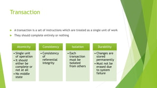 Transaction
 A transaction is a set of instructions which are treated as a single unit of work
 They should complete entirely or nothing
Atomicity
• Single unit
of operation
• It should
either be
complete or
not at all
• No middle
state
Consistency
• Consistency
of
referential
integrity
Isolation
• Each
transaction
must be
isolated
from others
Durability
• Changes are
stored
permanently
• Must not be
erased due
to system
failure
 