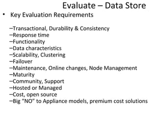 Evaluate – Data Store
• Key Evaluation Requirements
  –Transactional, Durability & Consistency
  –Response time
  –Functionality
  –Data characteristics
  –Scalability, Clustering
  –Failover
  –Maintenance, Online changes, Node Management
  –Maturity
  –Community, Support
  –Hosted or Managed
  –Cost, open source
  –Big “NO” to Appliance models, premium cost solutions
 