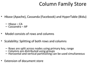 Column Family Store

• Hbase (Apache), Cassanda (Facebook) and HyperTable (Bidu)

   – Hbase – CA
   – Cassandra – AP

• Model consists of rows and columns

• Scalability: Splitting of both rows and columns

   – Rows are split across nodes using primary key, range
   – Columns are distributed using groups
   – Horizontal and vertical partitioning can be used simultaneous

• Extension of document store
 