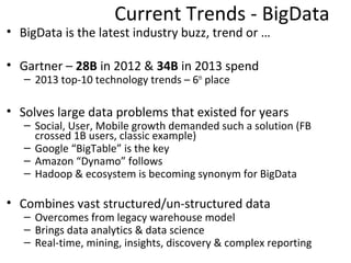 Current Trends - BigData
• BigData is the latest industry buzz, trend or …

• Gartner – 28B in 2012 & 34B in 2013 spend
   – 2013 top-10 technology trends – 6th place

• Solves large data problems that existed for years
   – Social, User, Mobile growth demanded such a solution (FB
     crossed 1B users, classic example)
   – Google “BigTable” is the key, and new papers like Dremel drives
     it further
   – Amazon “Dynamo” follows
   – Hadoop & ecosystem is becoming synonym for BigData

• Combines vast structured/un-structured data
   – Overcomes from legacy warehouse model
   – Brings data analytics & data science
   – Real-time, mining, insights, discovery & complex reporting
 