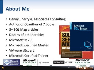 About Me
•
•
•
•
•
•
•
•

Denny Cherry & Associates Consulting
Author or Coauthor of 7 books
8+ SQL Mag articles
Dozens of other articles
Microsoft MVP
Microsoft Certified Master
VMware vExpert
Microsoft Certified Trainer
2

 