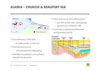 ALASKA – CHUKCHI & BEAUFORT SEA


     Chukchi Sea                                                            Preparing for two rig, 2012 drilling program

                                                                              • up to three Chukchi wells, including Burger
                                              Beaufort Sea
                                                                                appraisal; up to two Beaufort wells

                                                                            Current focus on operational readiness and
 0          100
                                                        SHELL LEASEHOLD     securing necessary permits

                                                                          CHUKCHI     Crackerjack   Klondike          Burger
                                                                          X-SECTION      1991        1989              1990
     Successful leasing in 2005-2008

        • #1 Alaska position, 2.4 mln acres

     Proven petroleum province

        • well understood North Slope geology

     Multi-billion boe potential in existing Chukchi
     & Beaufort Sea discoveries



12    Copyright of Royal Dutch Shell plc   29 November 2011
 