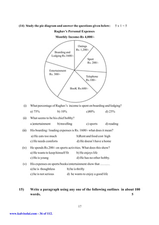 (14) Study the pie diagram and answer the questions given below:                      5x1=5
                                        Raghav’s Personal Expenses
                                        Monthly Income-Rs 4,000/-

                                                            Outings
                                                           Rs. 1,200/-
                                      Boarding and
                                    Lodging Rs.1600/-
                                                                       Sport
                                                                       Rs. 200/-

                                  Entertainment
                                  Rs. 300/-
                                                                      Telephone
                                                                      Rs.100/-

                                                     BooK Rs.600/-




          (i)    What percentage of Raghav’s income is spent on boarding and lodging?
                 a) 75%                   b) 10%                      c)80%        d) 25%

         (ii)    What seems to be his chief hobby?
                 a )entertainment         b) travelling               c) sports    d) reading

         (iii)   His boarding / loading expenses is Rs. 1600/- what does it mean?
                 a) He eats too much                       b)Rent and food cost high
                 c) He needs comforts                      d) He doesn’t have a home

         (iv)    He spends Rs.200/- on sports activities. What does this show?
                 a) He wants to keep himself fit           b) He enjoys life
                 c) He is young                            d) He has no other hobby.
         (v)     His expenses on sports/books/entertainment show that ………
                 a) he is thoughtless              b) he is thrifty
                 c) he is not serious              d) he wants to enjoy a good life



      15)        Write a paragraph using any one of the following outlines in about 100
                 words.                                                           5


                                                             17

www.kalvisolai.com - 36 of 112.
 