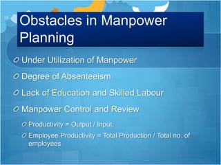 Obstacles in Manpower
Planning
Under Utilization of Manpower
Degree of Absenteeism
Lack of Education and Skilled Labour
Manpower Control and Review
Productivity = Output / Input.
Employee Productivity = Total Production / Total no. of
employees
13
 