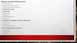 Reagents used in the ziehl-neelsen stain
1. Carbol-fuschin (primary dye)
2. 20% sulphuric acid or acid-alcohol (decolorizer)
3. Methylene blue dye (counterstain) or malachite green
• Preparation of reagents
1. Carbol fuschin
• Distilled water- 100ml
• Basic fuschin- 1g
• Ethyl alcohol (100% ethanol)- 10ml
• Phenol crystals- 5ml
2. Acid alcohol (3% hydrochloric acid in 95% ethyl alcohol)
• Ethyl alcohol- 95 ml
• Distilled water- 2 ml
• Concentrated hydrochloric acid- 3 ml
3. 0.25% methylene blue in 1% acetic acid
• Methylene blue- 0.25g
• Distilled water- 99ml
• Acetic acid- 1ml
 
