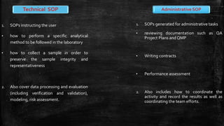 1. SOPs instructing the user
• how to perform a specific analytical
method to be followed in the laboratory
• how to collect a sample in order to
preserve the sample integrity and
representativeness
2. Also cover data processing and evaluation
(including verification and validation),
modeling, risk assessment.
1. SOPs generated for administrative tasks
• reviewing documentation such as QA
Project Plans and QMP
• Writing contracts
• Performance assessment
2. Also includes how to coordinate the
activity and record the results as well as
coordinating the team efforts.
Technical SOP Administrative SOP
 