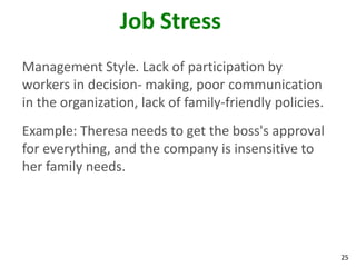 25
Job Stress
Management Style. Lack of participation by
workers in decision- making, poor communication
in the organization, lack of family-friendly policies.
Example: Theresa needs to get the boss's approval
for everything, and the company is insensitive to
her family needs.
 