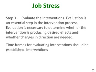 69
Job Stress
Step 3 — Evaluate the Interventions. Evaluation is
an essential step in the intervention process.
Evaluation is necessary to determine whether the
intervention is producing desired effects and
whether changes in direction are needed.
Time frames for evaluating interventions should be
established. Interventions
 