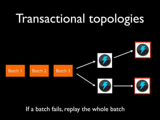 Transactional topologies


Batch 1     Batch 2   Batch 3




          If a batch fails, replay the whole batch
 