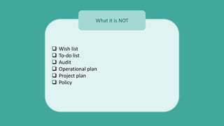  Wish list
 To-do list
 Audit
 Operational plan
 Project plan
 Policy
What it is NOT
 