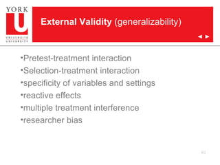 External Validity  (generalizability) Pretest-treatment interaction Selection-treatment interaction specificity of variables and settings reactive effects multiple treatment interference researcher bias 