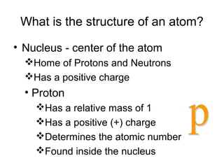 What is the structure of an atom?
• Nucleus - center of the atom
Home of Protons and Neutrons
Has a positive charge
• Proton
Has a relative mass of 1
Has a positive (+) charge
Determines the atomic number
Found inside the nucleus
 