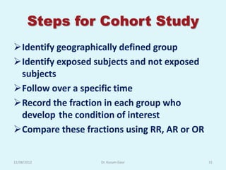 Steps for Cohort Study
Identify geographically defined group
Identify exposed subjects and not exposed
 subjects
Follow over a specific time
Record the fraction in each group who
 develop the condition of interest
Compare these fractions using RR, AR or OR


12/08/2012         Dr. Kusum Gaur             31
 