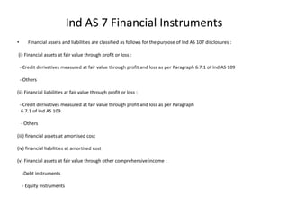 • Financial assets and liabilities are classified as follows for the purpose of Ind AS 107 disclosures :
(i) Financial assets at fair value through profit or loss :
- Credit derivatives measured at fair value through profit and loss as per Paragraph 6.7.1 of Ind AS 109
- Others
(ii) Financial liabilities at fair value through profit or loss :
- Credit derivatives measured at fair value through profit and loss as per Paragraph
6.7.1 of Ind AS 109
- Others
(iii) financial assets at amortised cost
(iv) financial liabilities at amortised cost
(v) Financial assets at fair value through other comprehensive income :
-Debt instruments
- Equity instruments
Ind AS 7 Financial Instruments
 