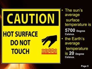 Powerpoint Templates
Page 9
• The sun’s
average
surface
temperature is
5700 Degree
Celsius.
• the Earth’s
average
temperature
is 20 Degree
Celsius.
 