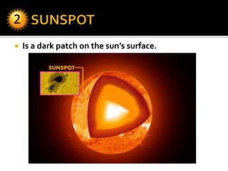  Is a dark patch on the sun’s surface.
SUNSPOT
 