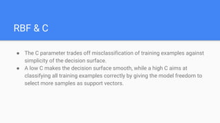 RBF & C
● The C parameter trades off misclassification of training examples against
simplicity of the decision surface.
● A low C makes the decision surface smooth, while a high C aims at
classifying all training examples correctly by giving the model freedom to
select more samples as support vectors.
 