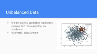 Unbalanced Data
● Find the optimal separating hyperplane
using an SVC for classes that are
unbalanced.
● Parameter - class_weight
 